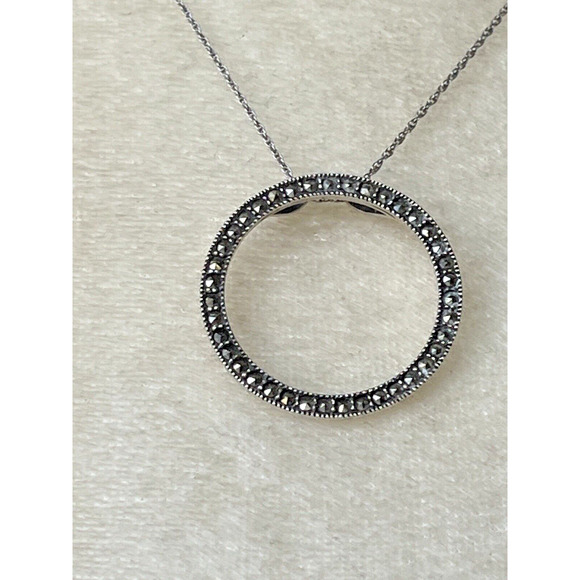 Vintage Delicate Sterling Silver & Marcasite Open Circle Pendant 1 1/4" Wide - Picture 5 of 16